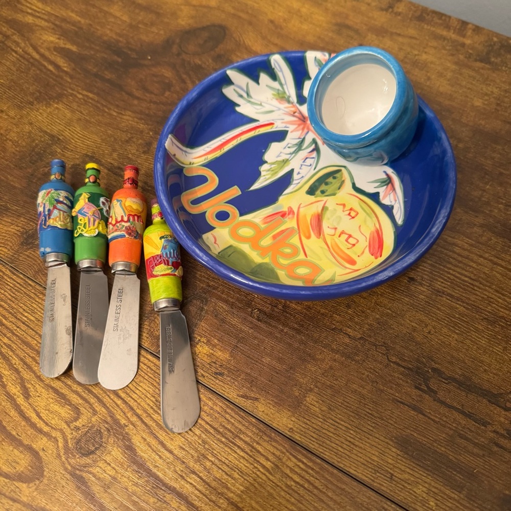 Nicole Miller Ambiance Hot Tropics Vodka Chip And Dip Plate Bottle Spreaders